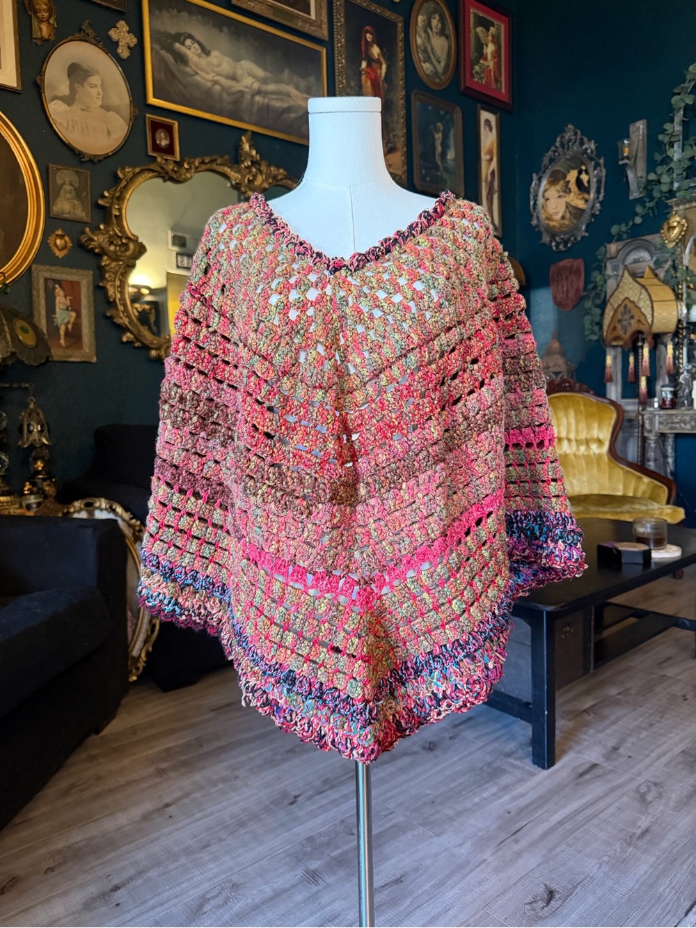 Vintage Handmade Crochet Poncho Boho Festival Sweater One Size